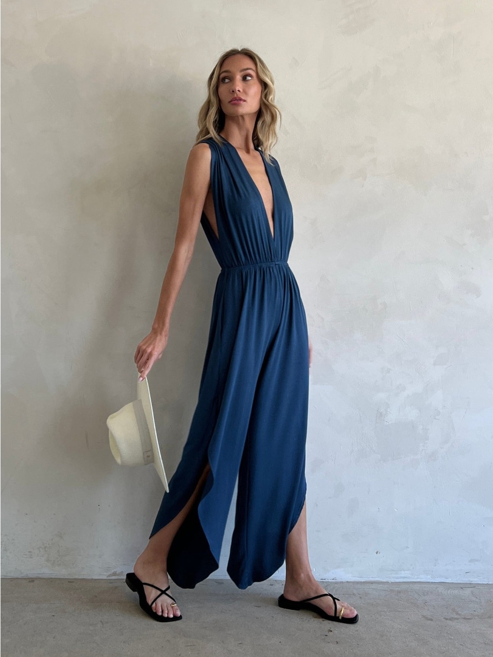 Jules Deep Navy Plunge Wide-Leg Sleeveless Tiffany Jumpsuit